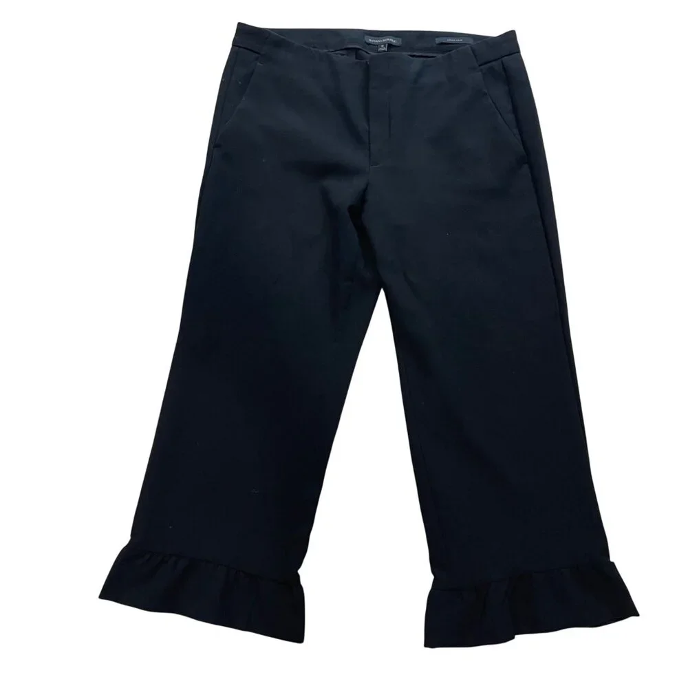 Banana Republic Logan Crop Dress Pants Women's Size 12 Black Ruffle Hems Viscose